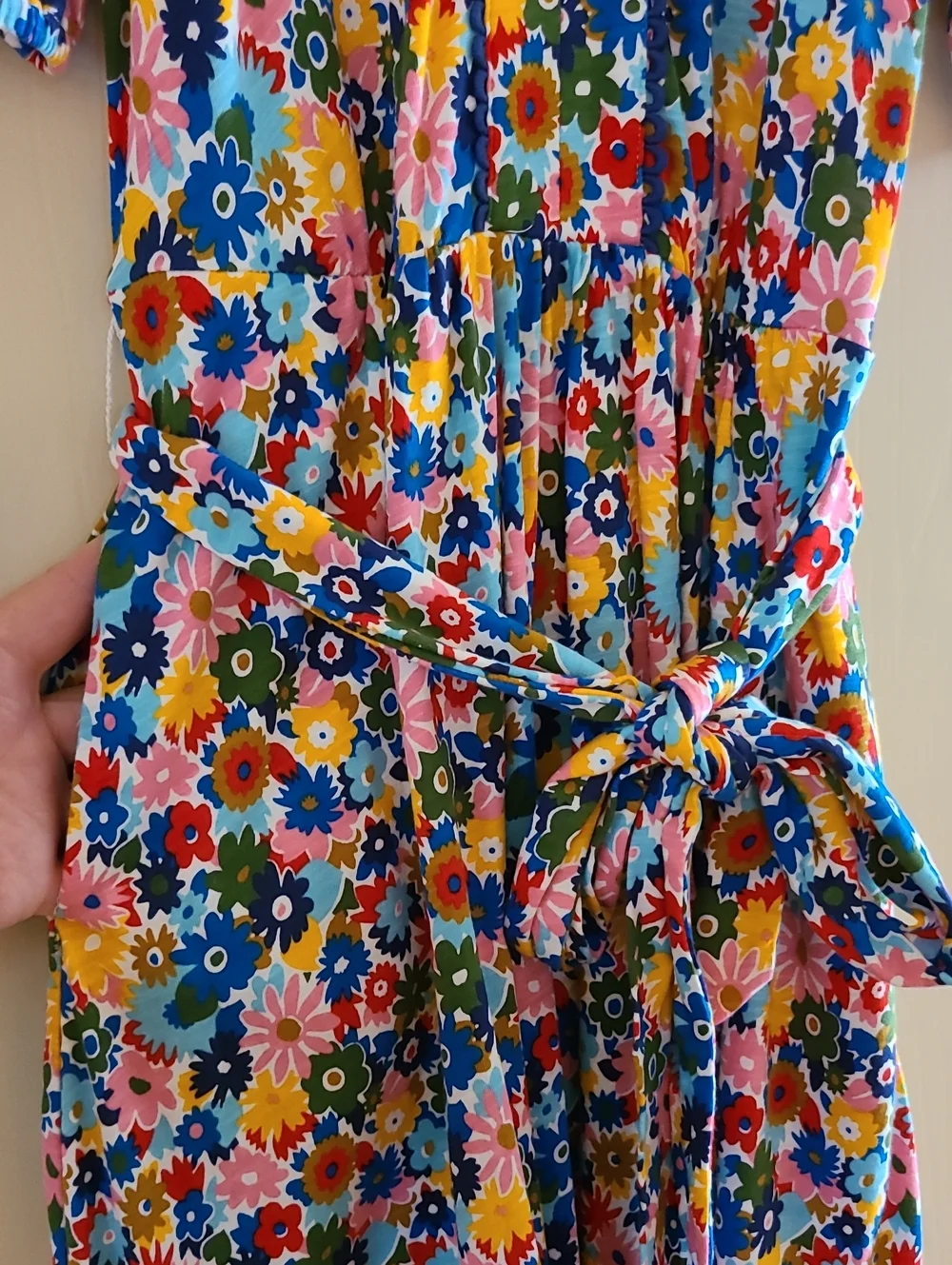 Boden Sofia Trim Jersey Midi Dress Floral Pink Multicolor Belred Waist Pockets - Picture 7 of 16
